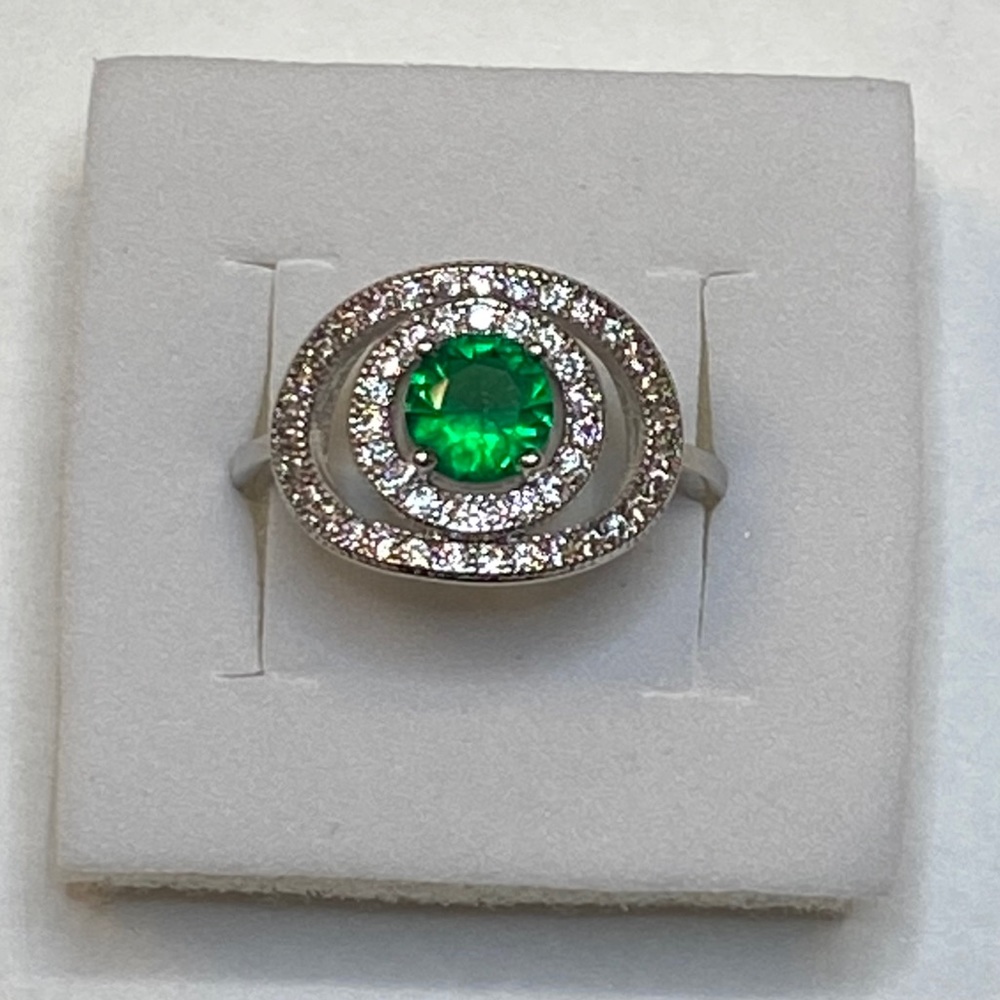 Silver toned double halo emerald ring - Picture 2 of 4